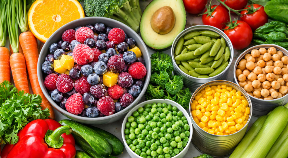 Bowls filled with an array of fresh fruits and vegetables