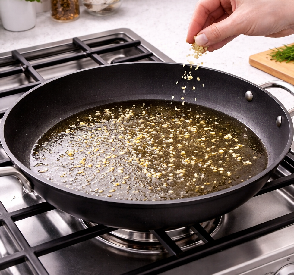 Hand Adding Garlic Pan Oil Stove