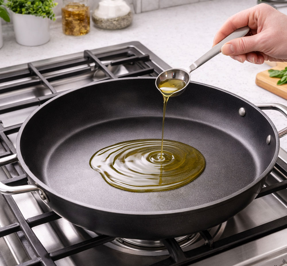 Hand Pouring Oil in to Pan Stove